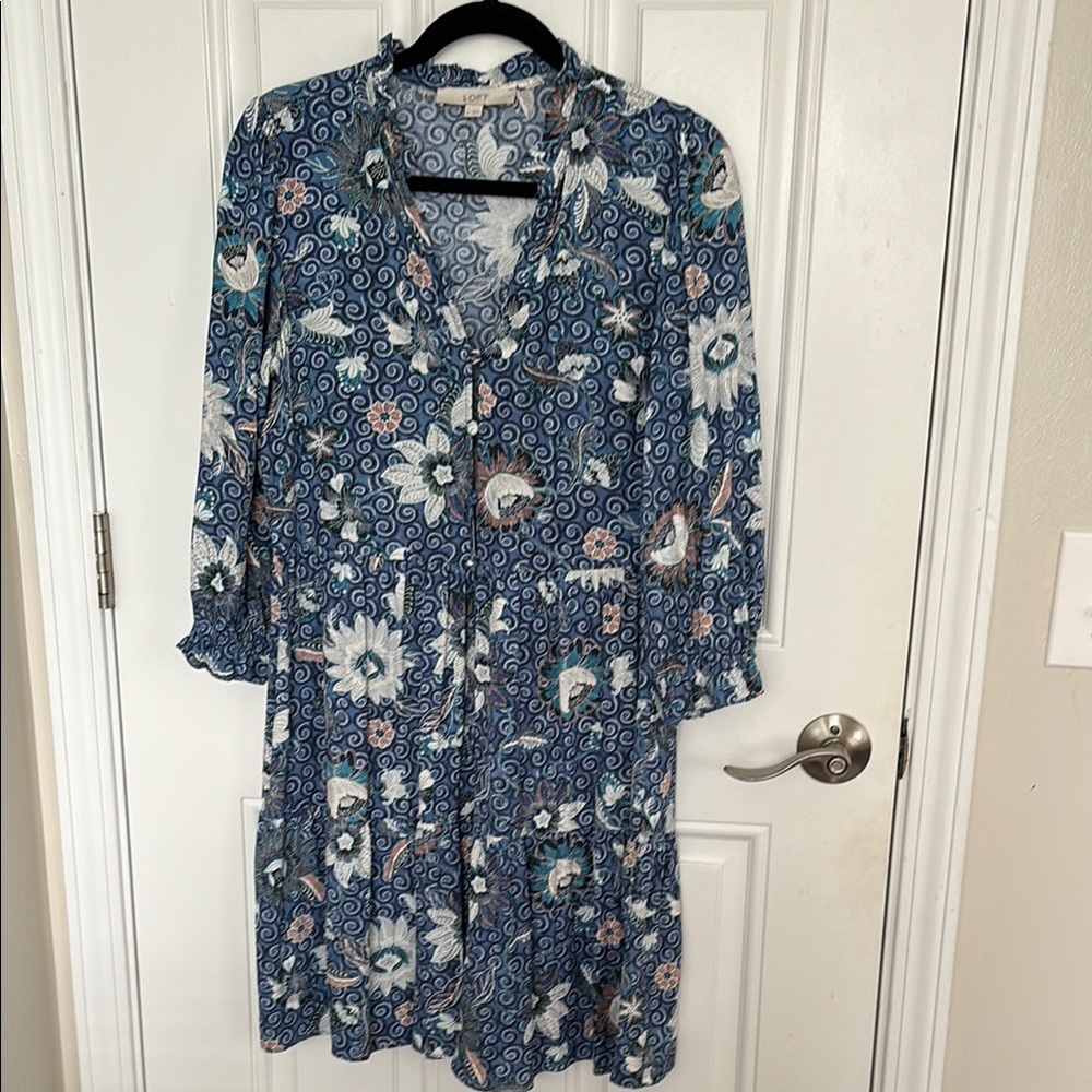 LOFT Blue V-Neck Sundress with Bishop Sleeves. Never worn, brand new!